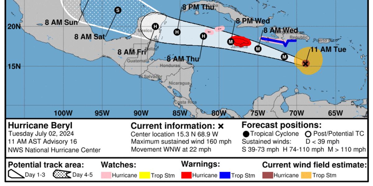 Beryl's Path New 10AM Advisory: See Hurricane Beryl’s path and powerful wind speeds