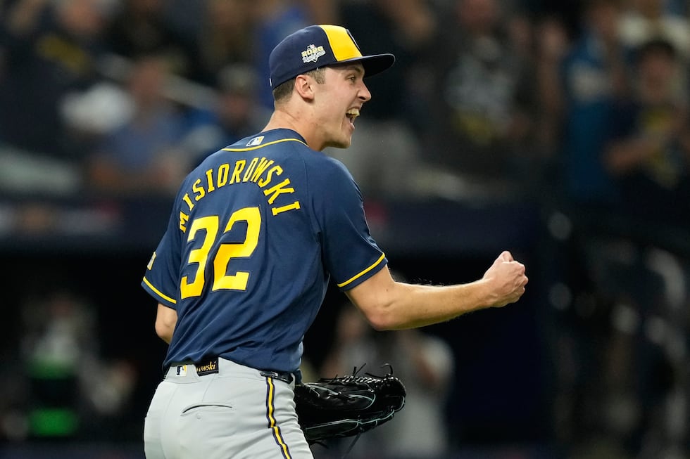 Milwaukee Brewers pitcher Jacob Misiorowski celebrates the end of the fourth inning of Game 5...