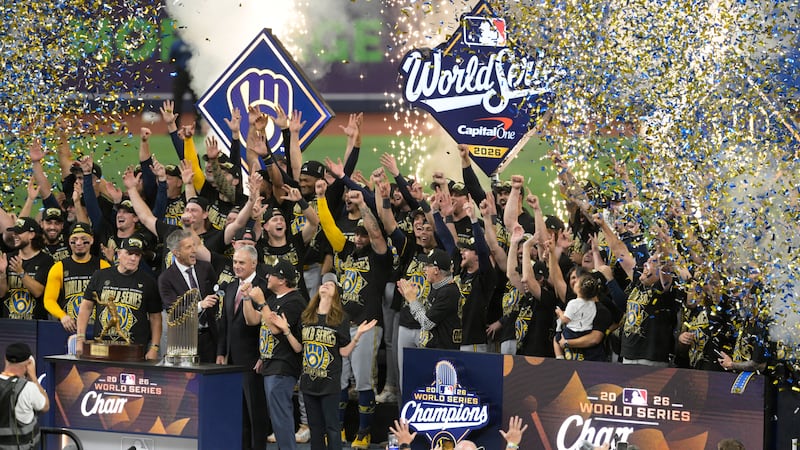 The Milwaukee Brewers celebrate after winning baseball's World Series against the Tampa Bay...
