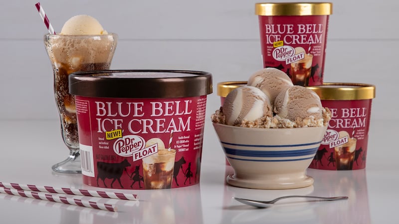 Dr Pepper Float is vanilla ice cream swirled with a Dr Pepper-flavored sherbet, Blue Bell said.
