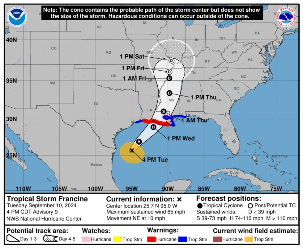 NWS 4PM Update: Tropical Storm Francine to increase in strength before Wednesday's landfall